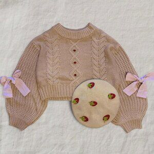 Kawaii Coquette Pink Bow Cream Knit Oversized Sweater